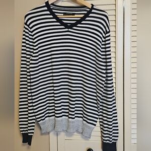 CLUB MONACO, Large,Cotton/ Cashmere Blue /White Striped, V-neck